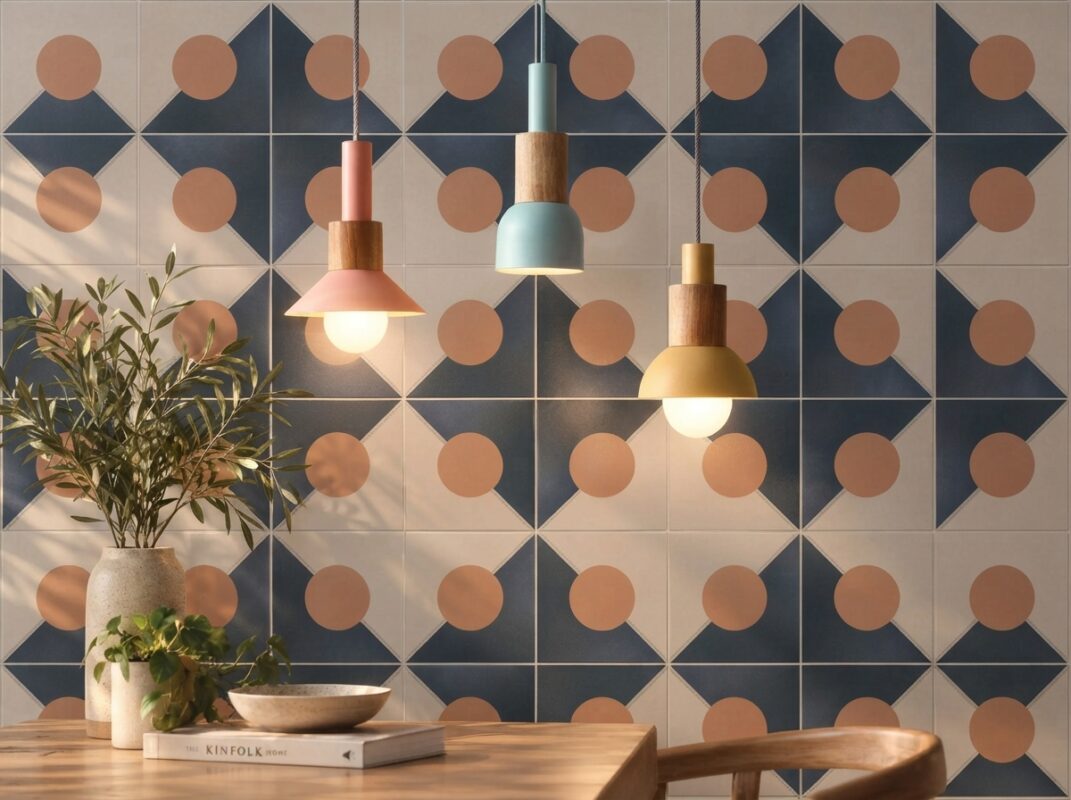 Comedor con pared de porcelánico Habana 4 Code 20x20 en azul y terracota