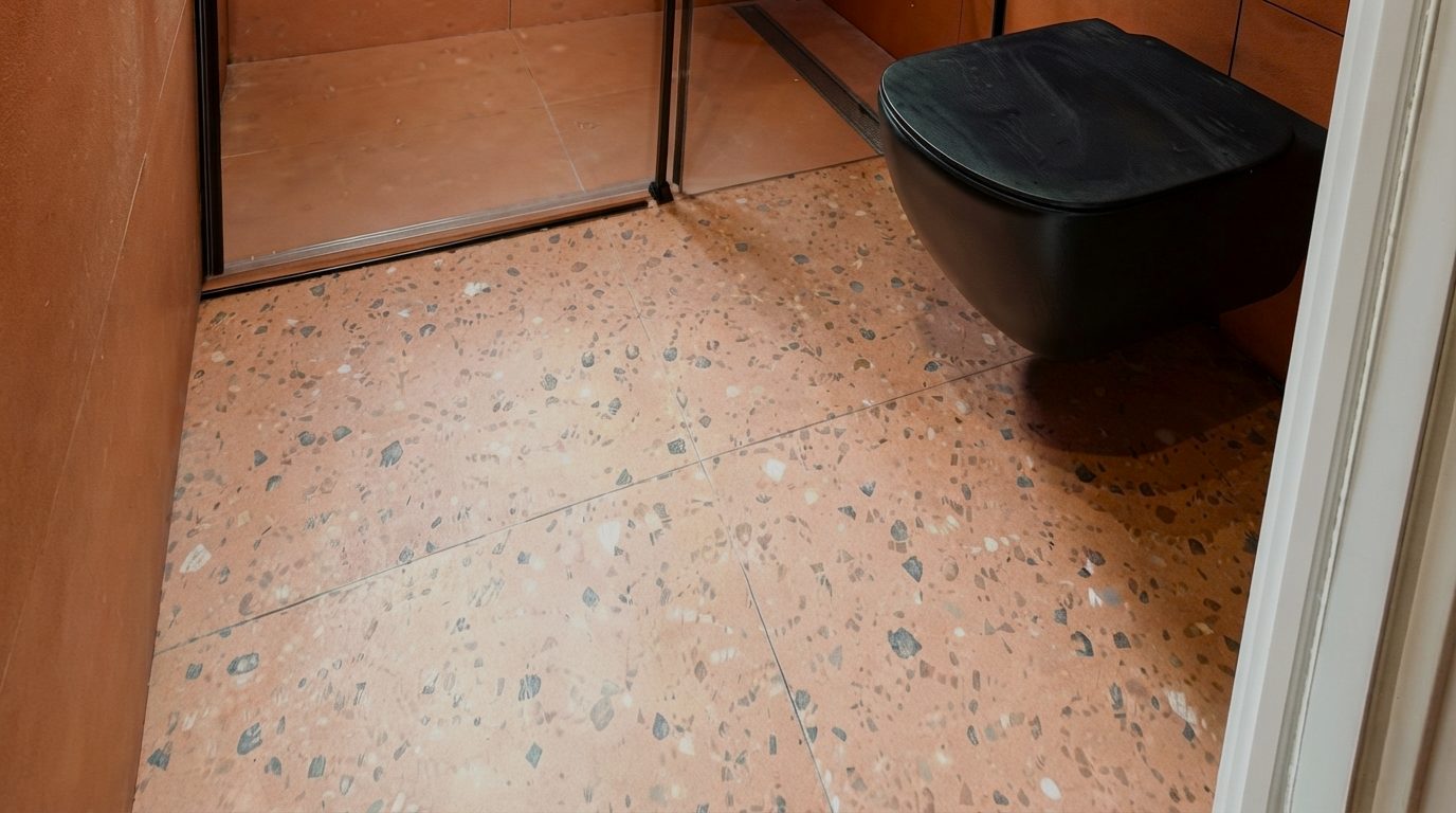 Baño real con porcelánico Arcilla Terrazo Coral 60x60